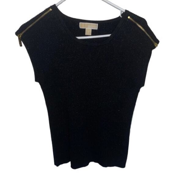 Michael Kors Black Shimmer Knit Sweater Short Sleeve zip shoulder Size Medium - Picture 1 of 3